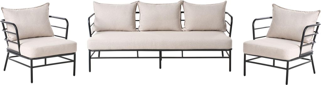 BELIANI Lounge Set Hellbeige und Schwarz Aluminium 3-teilig für 5 Personen mit Kissen Stoff 3er Sofa und 2 Sessel Outdoor Terrasse Garten Ausstattung