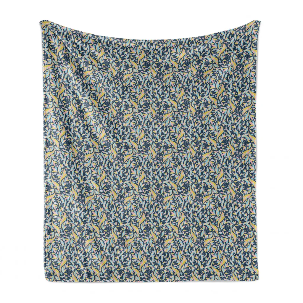 ABAKUHAUS Coperta in morbido pile di flanella botanico, foglie intrecciate color pastello, soffice peluche per interni ed esterni, 125 x 175 cm, blu scuro multicolore