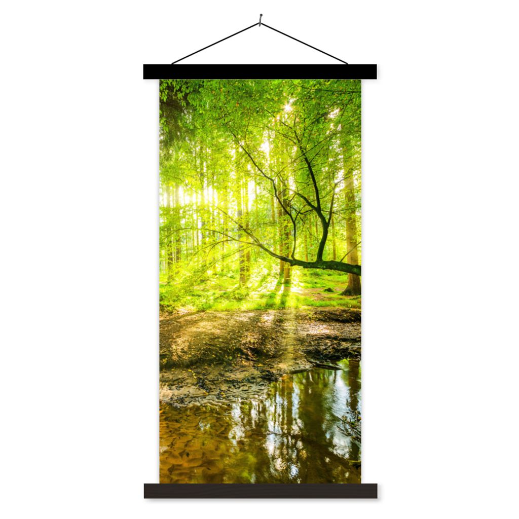 MuchoWow Textilposter Wald - Landschaft - Wasser - Bäume - Sonne - Grün - Natur 40x80 cm mit schwarzem Rahmen - Wandemalerei