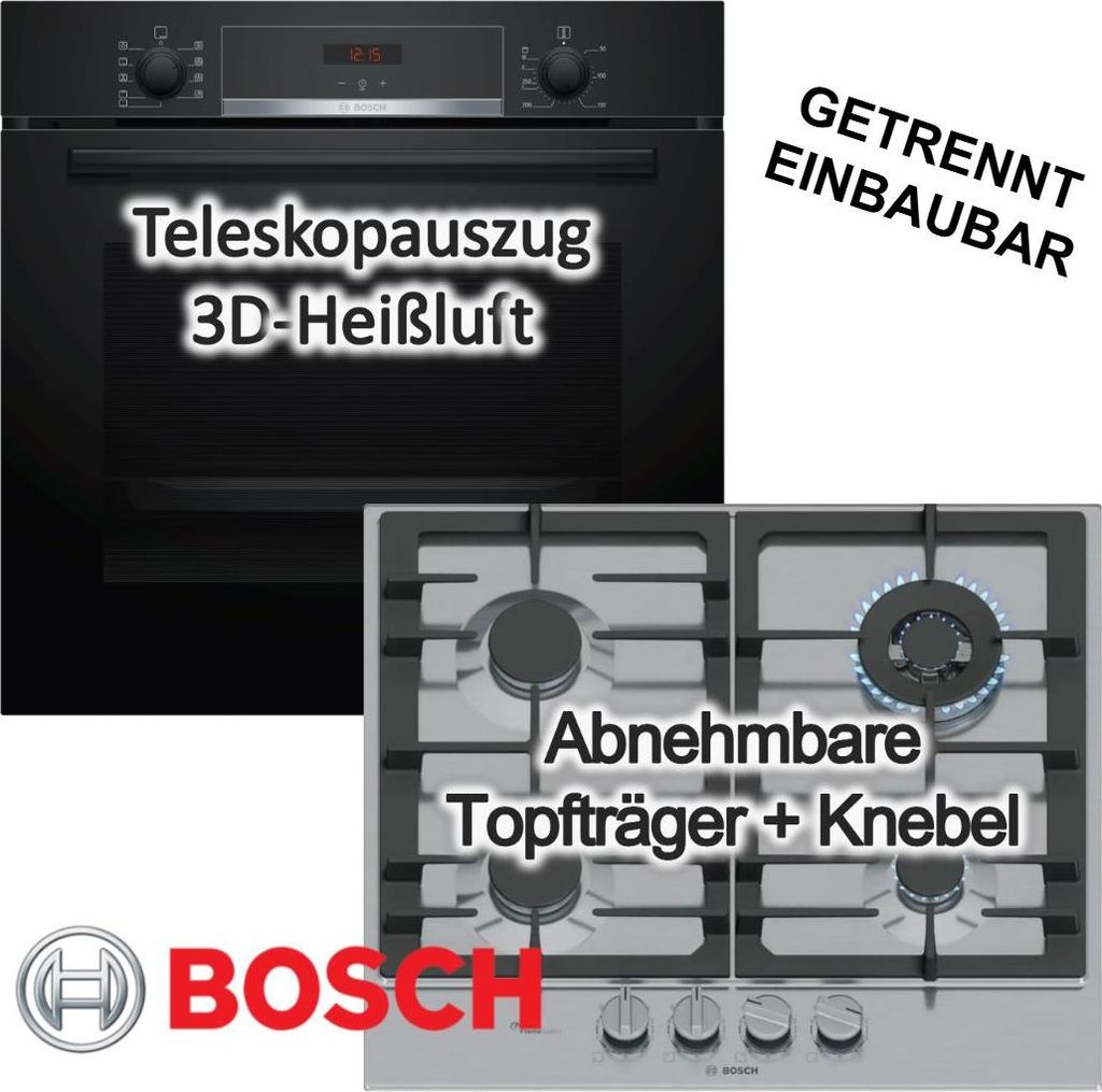 Herdset BOSCH Backofen 71 Liter Hydrolyse Pizzafunktion + Gaskochfeld FlameSelect Edelstahl