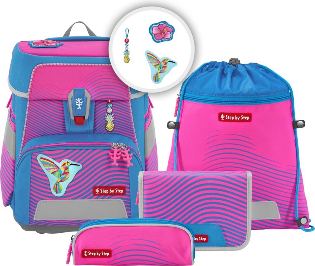 A collage of a school backpack set with matching accessories.