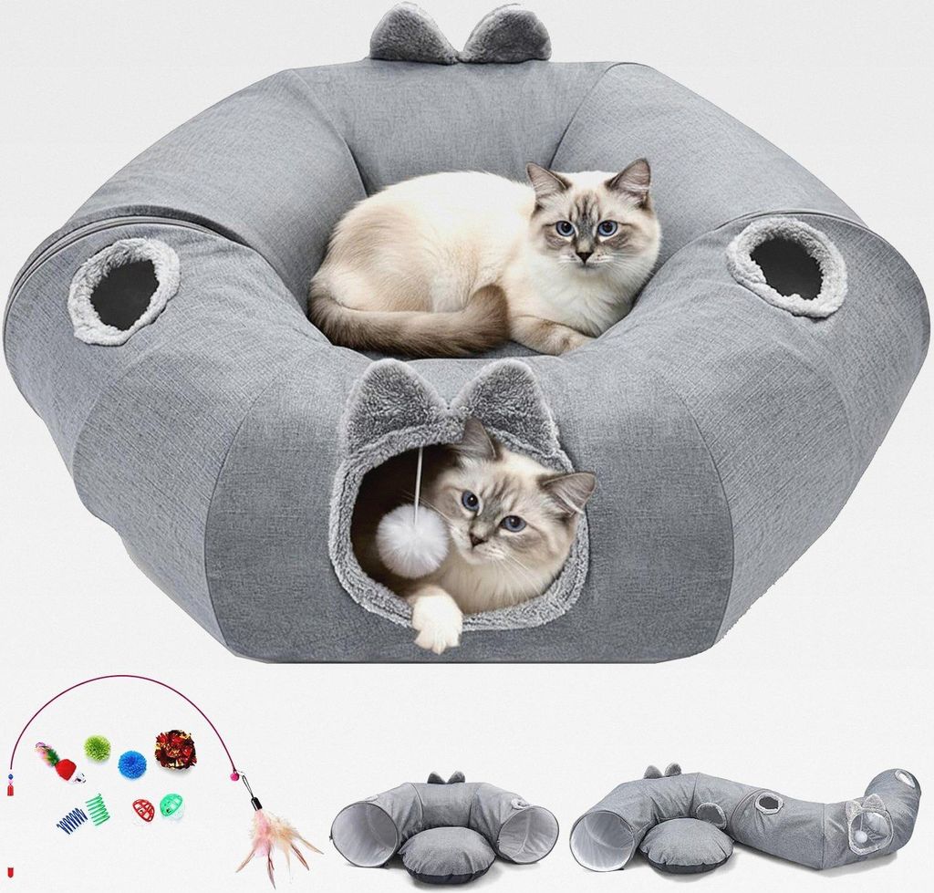 Katzen Tunnel mit Bett, Klappbares Haustier Donut Tunnel Bett aus Leinen, Interaktives Katzen Spielzeug mit Ball Rascheltunnel für Kätzchen Kanin...