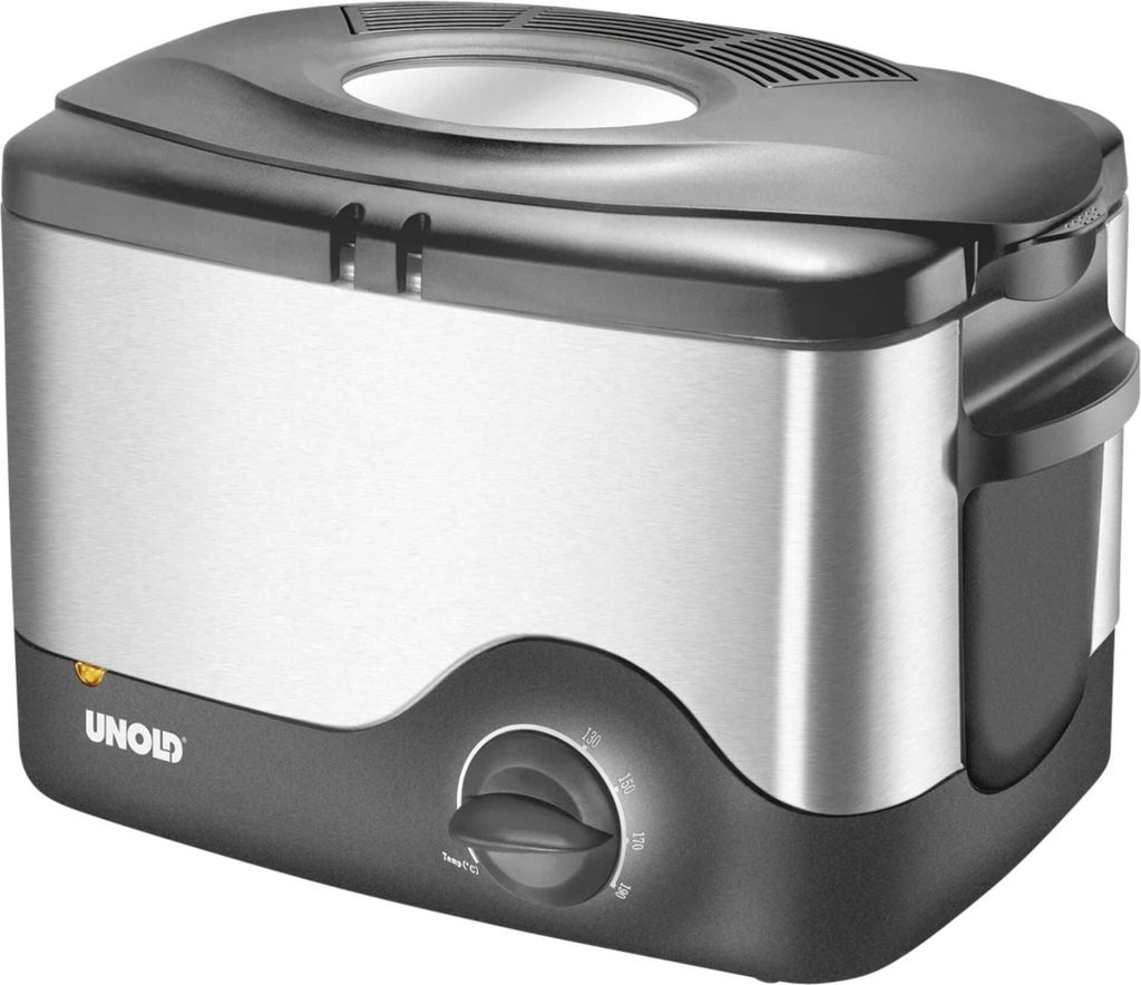 A stainless steel deep fryer with a black base and lid is shown in a studio shot.