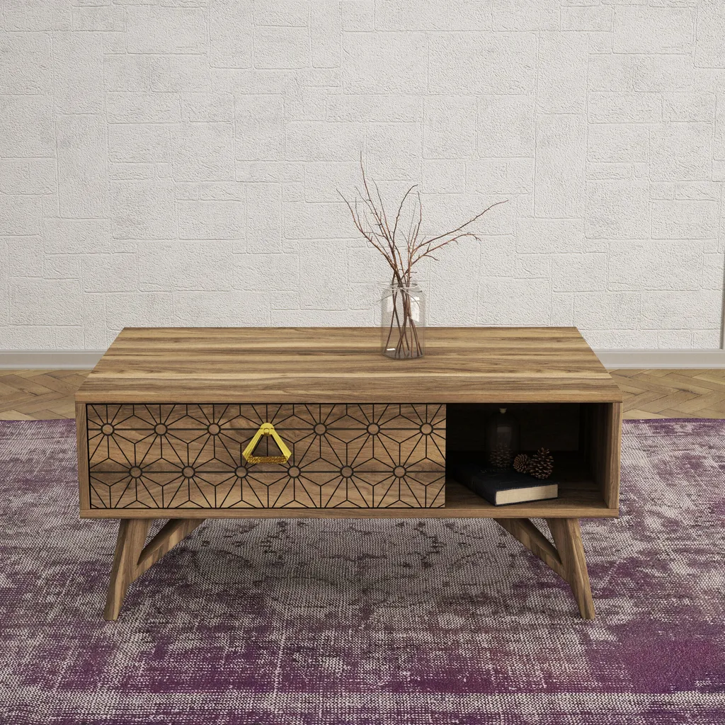 Table Basse Yakamoz Noyer en Mélaminé Ultra Résistant - 90x60x43 cm