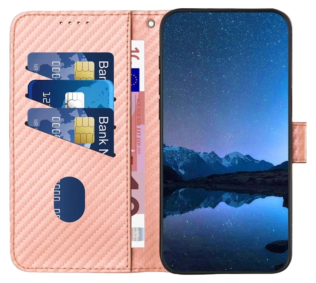 Custodia Rosa per Redmi Note 14 5G in Pelle e Carbonio con Cordino - 3
