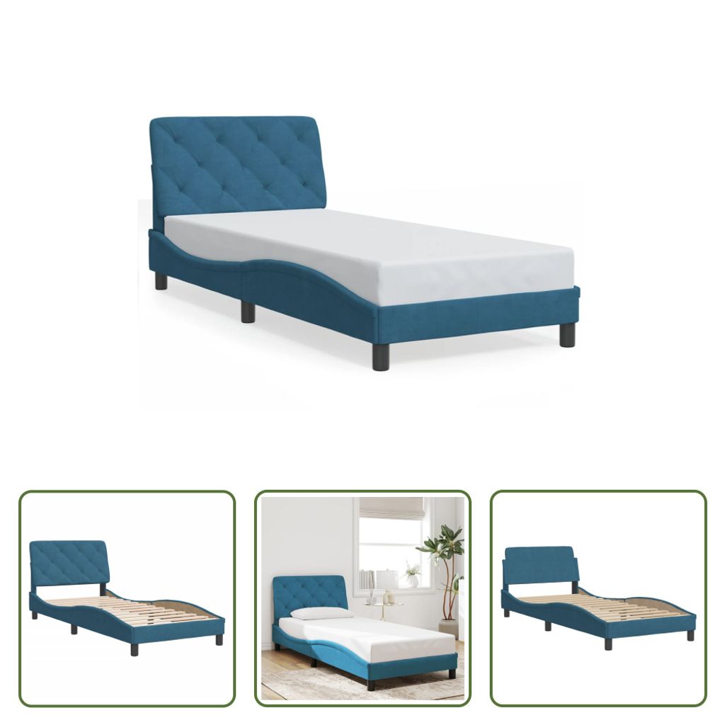 The Living Store Bettgestell mit Kopfteil Blau 90x190 cm Samt