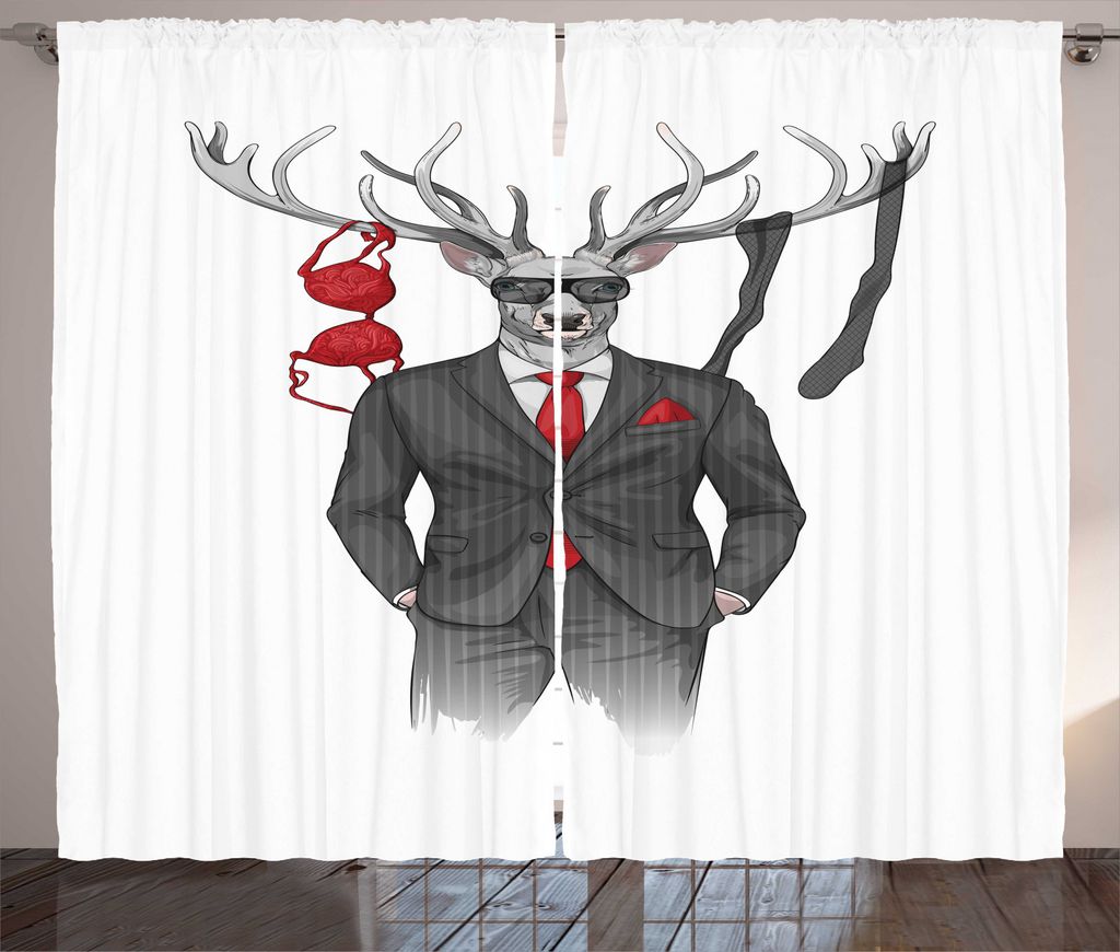 ABAKUHAUS Hipster Rustikaler Vorhang, Womanizer Deer in Anzug Kunst, Wohnzimmer Universalband Gardinen mit Schlaufen und Haken, 280 x 245 cm, Grau ...