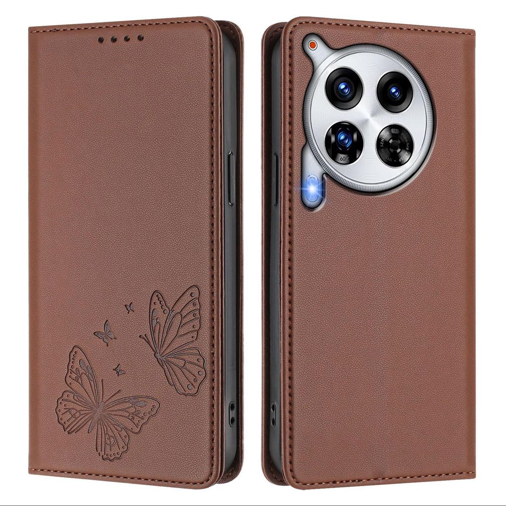 Lederhülle für Tecno Camon 30 Premier, Schmetterling Prägung Leder Brieftasche Schutzhülle mit Ständer Braun