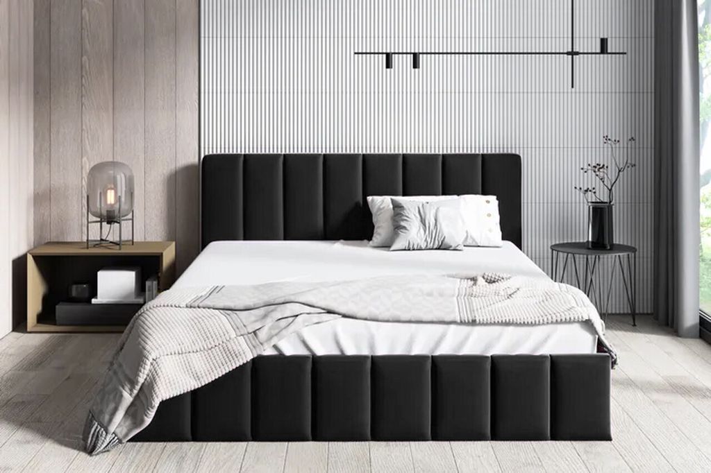 BETTSO Doppelbett Polsterbett Bett mit Kopfstütze und Bettkasten NINA 180 x 200 cm Schwarz