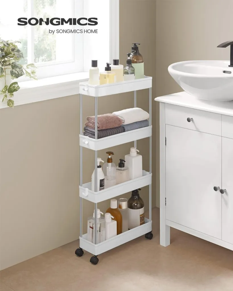 Solution gain de place : Étagère fine 4 niveaux mobile - Blanc
