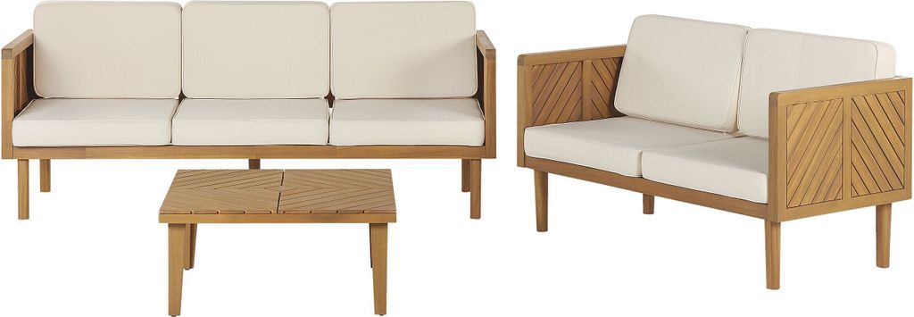 BELIANI Lounge Set Hellbraun Akazienholz 3-teilig für 5 Personen mit Auflagen Beige Stoff Couchtisch 2er und 3er Sofa Outdoor Terrasse Garten