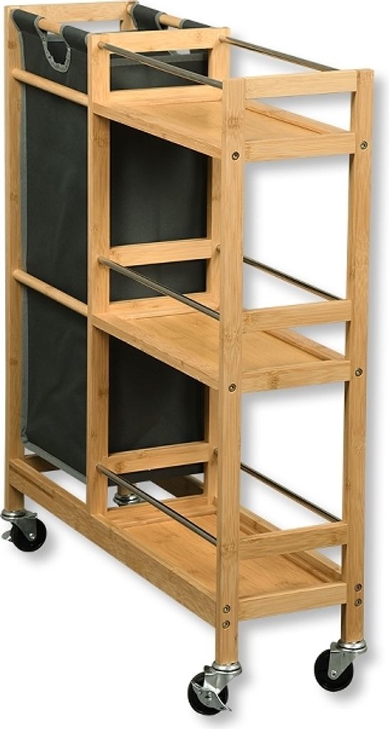 KESPER Nischenwagen mit Flaschensammler, Küchenregal – Bambus – 68x20x78cm – mit 3 Ablagen, herausnehmbarem Behälter & Rollen – Modell 24...