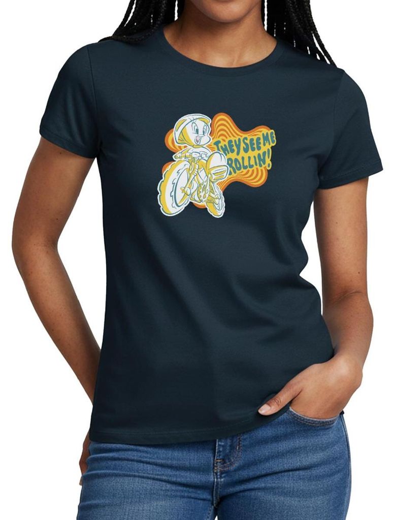 Spreadshirt Looney Tunes They See Me Rollin' Tweety Fahrrad Frauen T-Shirt, S, Navy