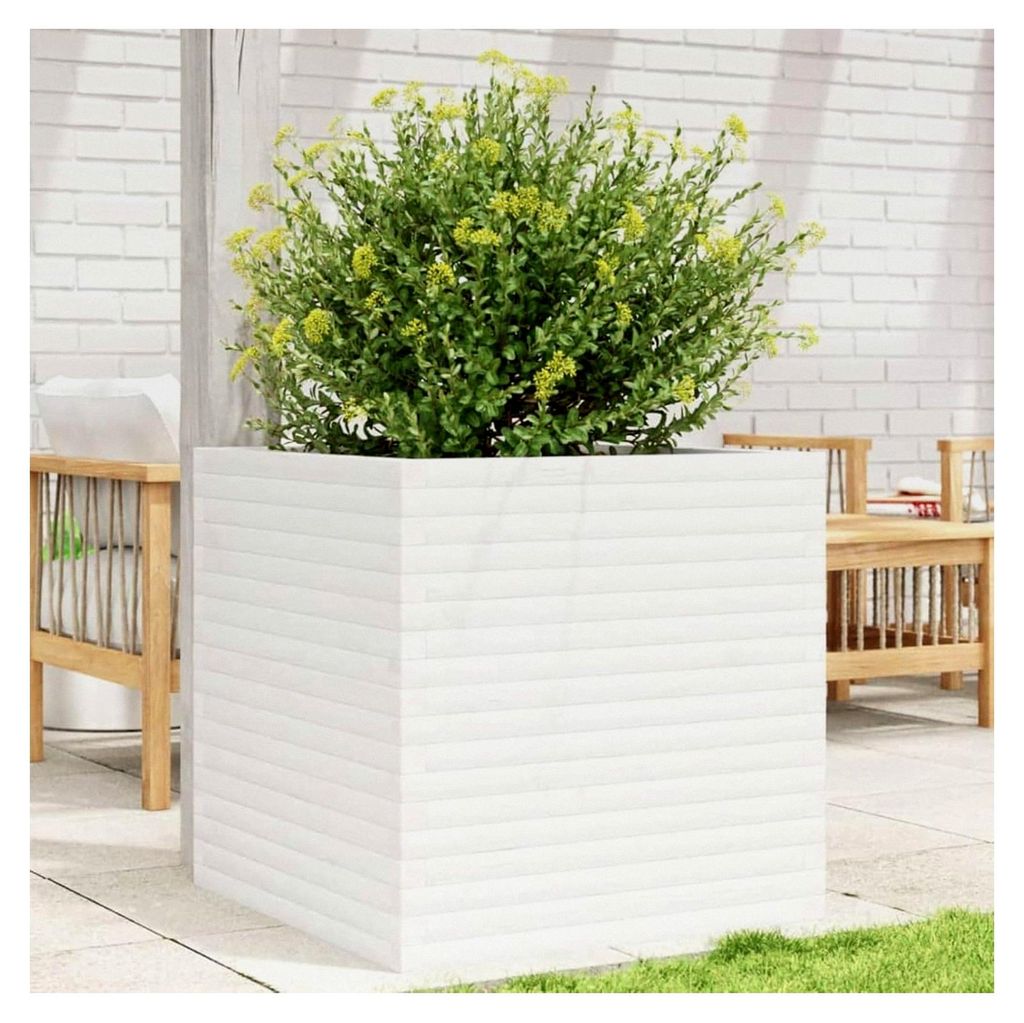 Pflanzkübel Weiß 70x70x68,5 cm aus massivem Kiefernholz, Blumentopf für Balkon, Terrasse und Garten
