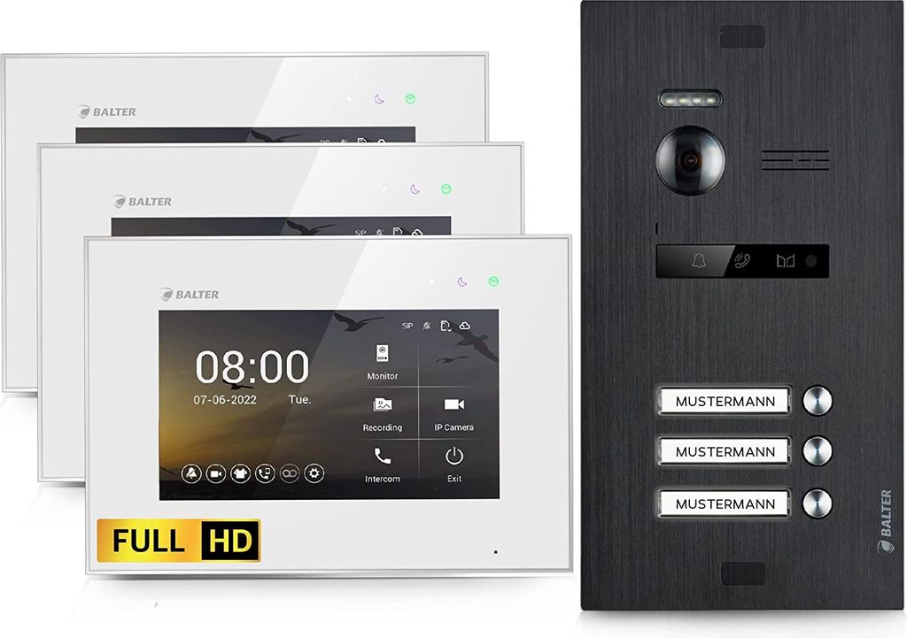 HD Video Türsprechanlage für 3 Familienhaus, 3x Monitor, Balter EVO HD Schwarz