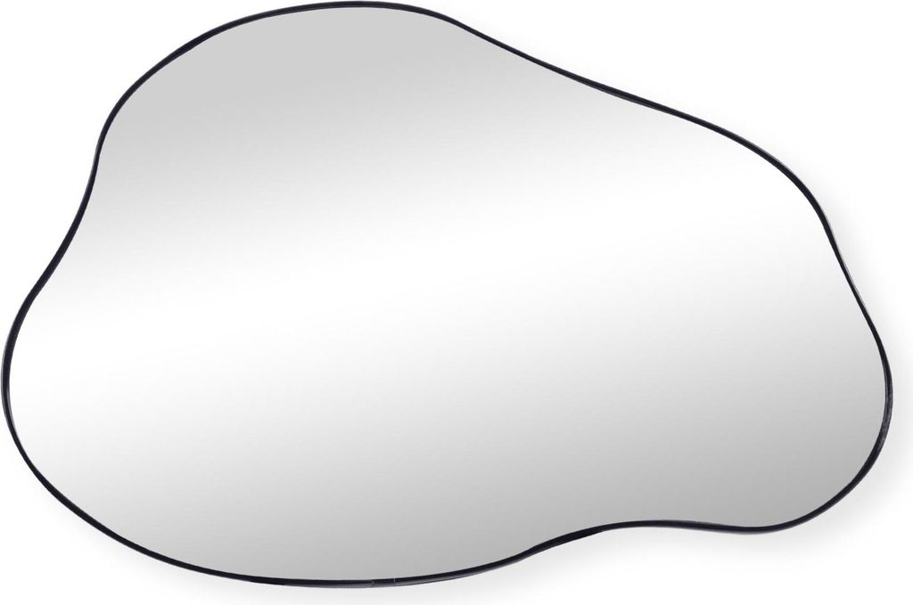 An abstractly shaped mirror with a black frame on a white background.