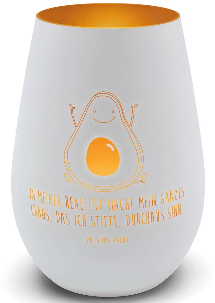 Mr. & Mrs. Panda Kerzenglas Avocado Glücklich - Weiß - Geschenk, Outdoor Windlicht, Glaslaterne, Chaos, Chaotisch, Gold, Teelichthalter, Laterne,...