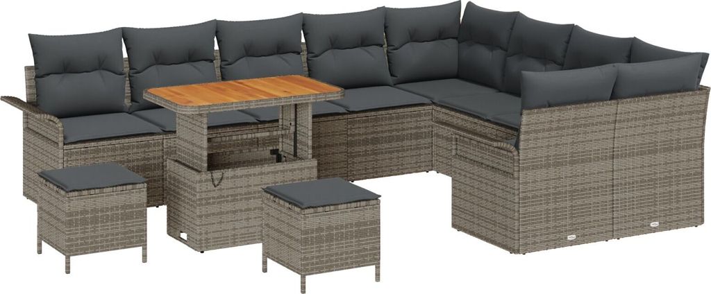 Möbel 12-teiliges Garten-Sofa-Set mit Kissen Grau Poly Rattan Akazie, 3-teiliges Garten-Esszimmer-Set mit Kissen Grau Poly Rattan Akazie, 2-Sitzer...