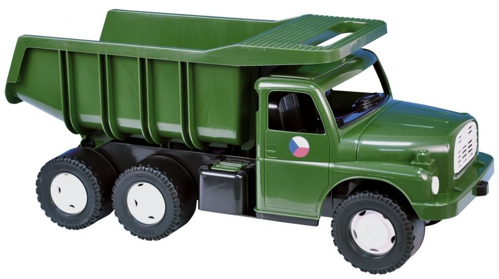 A green toy dump truck is shown against a white background.
