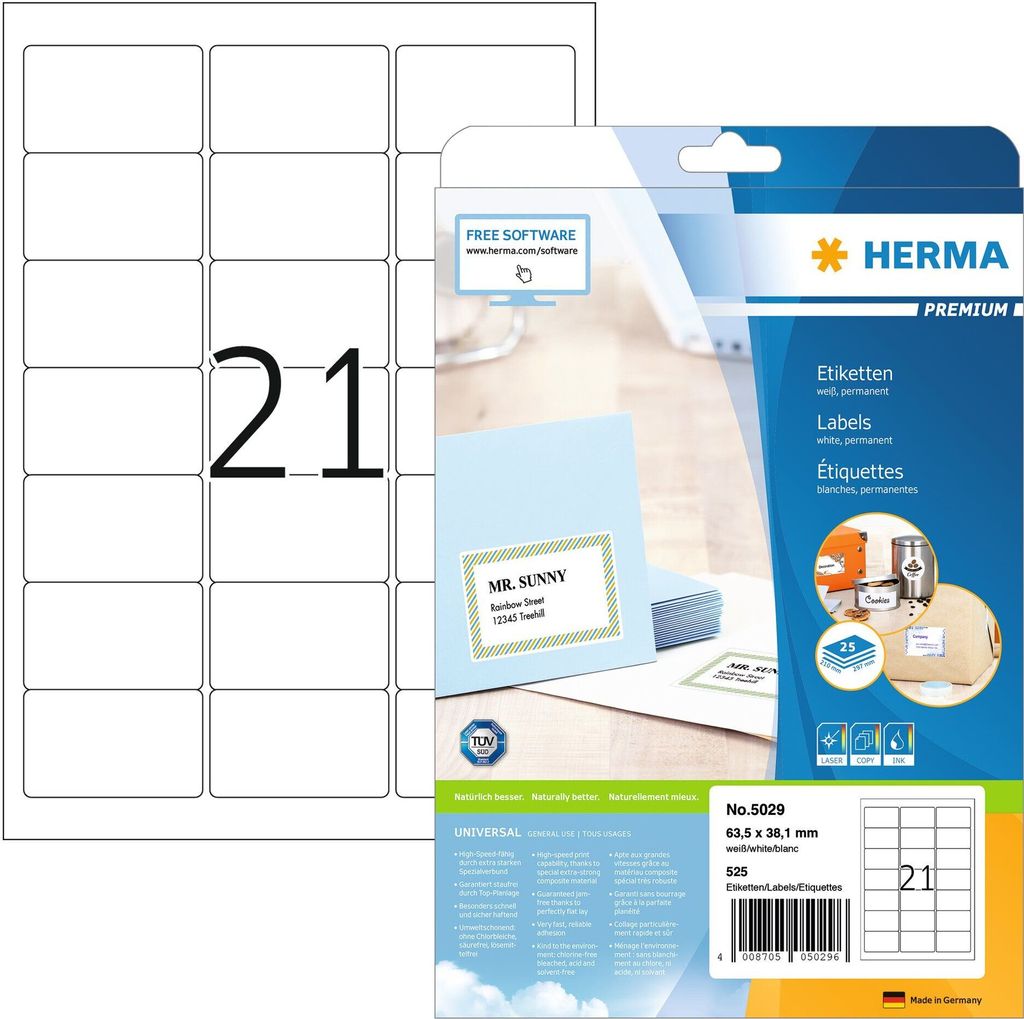 HERMA 5029 Adressetiketten, 25 Blatt, 63,5 x 38,1 mm, 21 pro A4 Bogen, 525 Stück, selbstklebend, bedruckbar, matt, blanko Papier Adressaufkleber E...