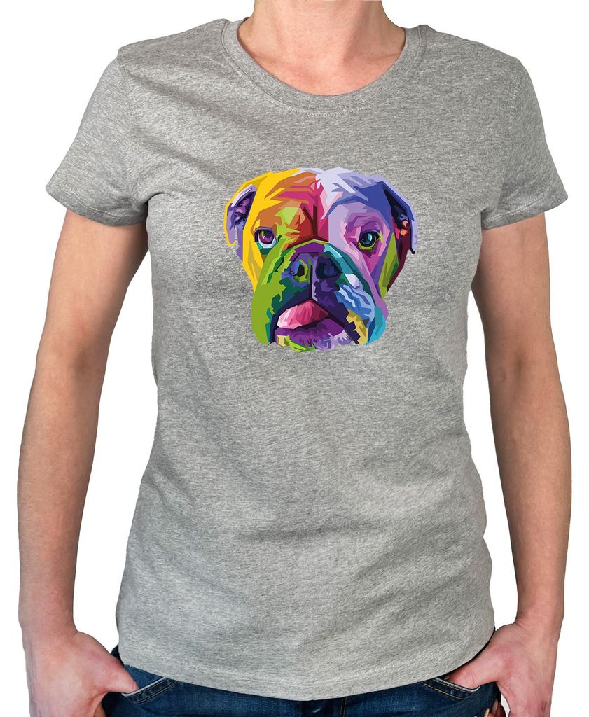Huuraa Damen T-Shirt Englische Bulldogge Colorful S Sport Grey Bio Baumwolle Fairtrade Damenshirt Geschenkidee