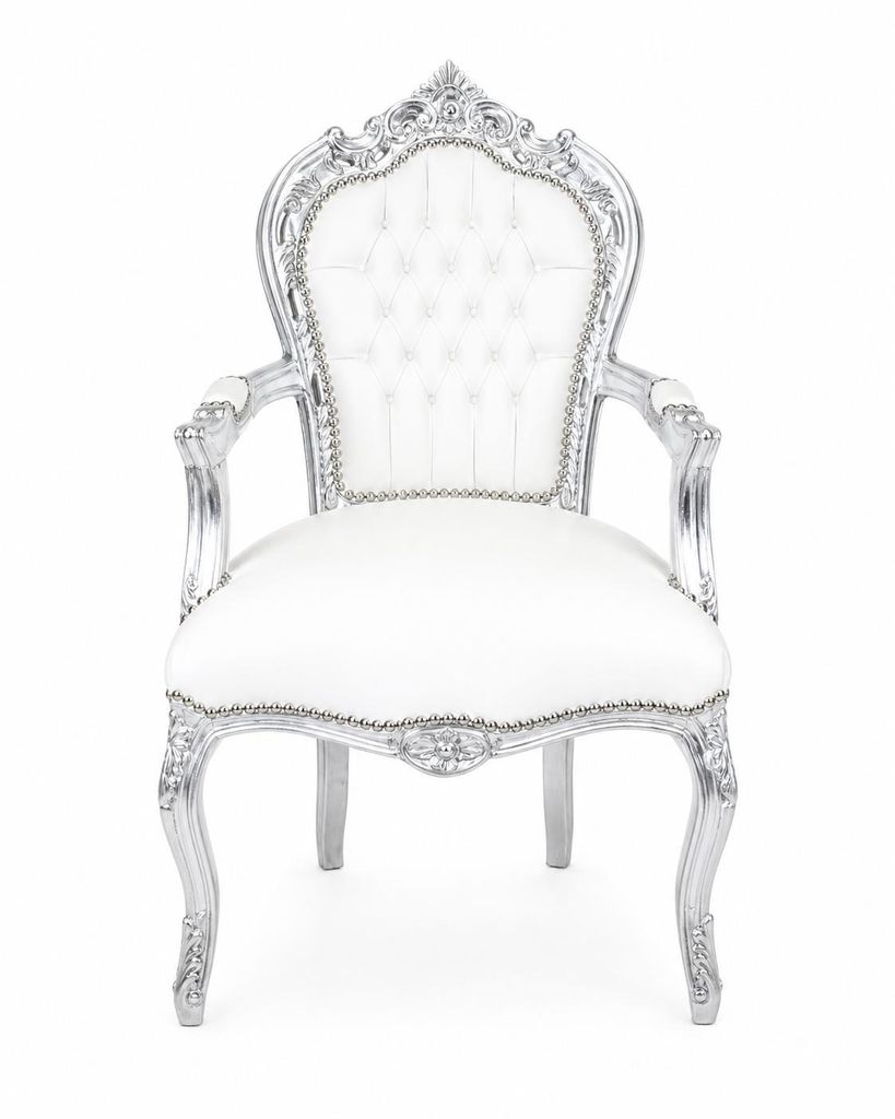 Barockstuhl Barock Stuhl Armlehne Weiß Silber Kunstleder Produktbild 