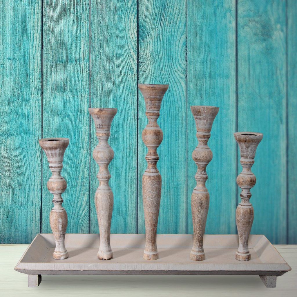 Kerzenhalter, Holz, eckig, Blau-braun, 5 Kerzen, Chabby Chic