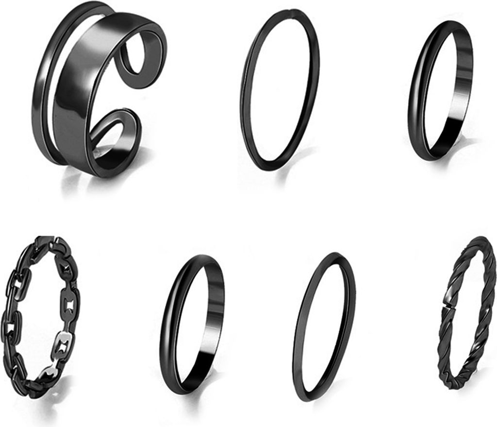 7 Teile/satz Dame Finger Ring Exquisite Einfache Kette Glatte Knuckle Ring Set als Geschenk-Schwarz