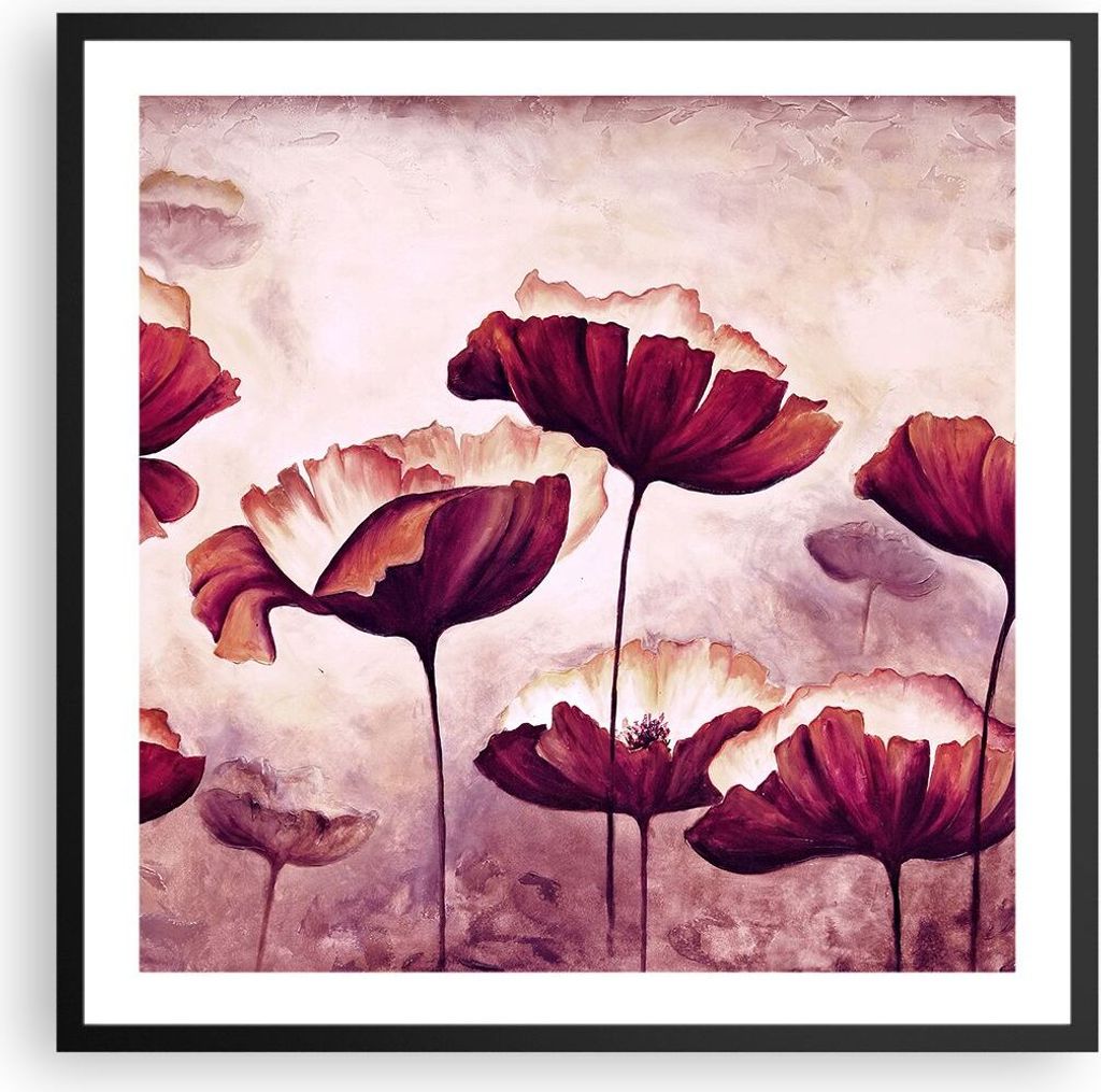 Gerahmtes Poster - Schwarzer Rahmen - Mohn Blume Wiese - 60x60 cm - Wand Bild - Wanddeko - Wandbilder - Kunstposter - Wandposter - Bilderrahmen - B...