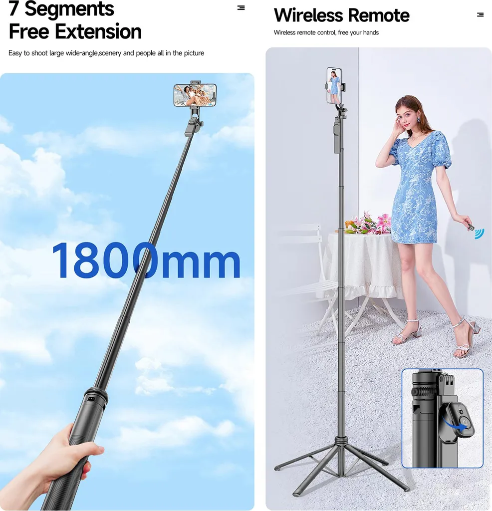 Trépied téléphone 180cm avec quadripode stable et télécommande Bluetooth - 6