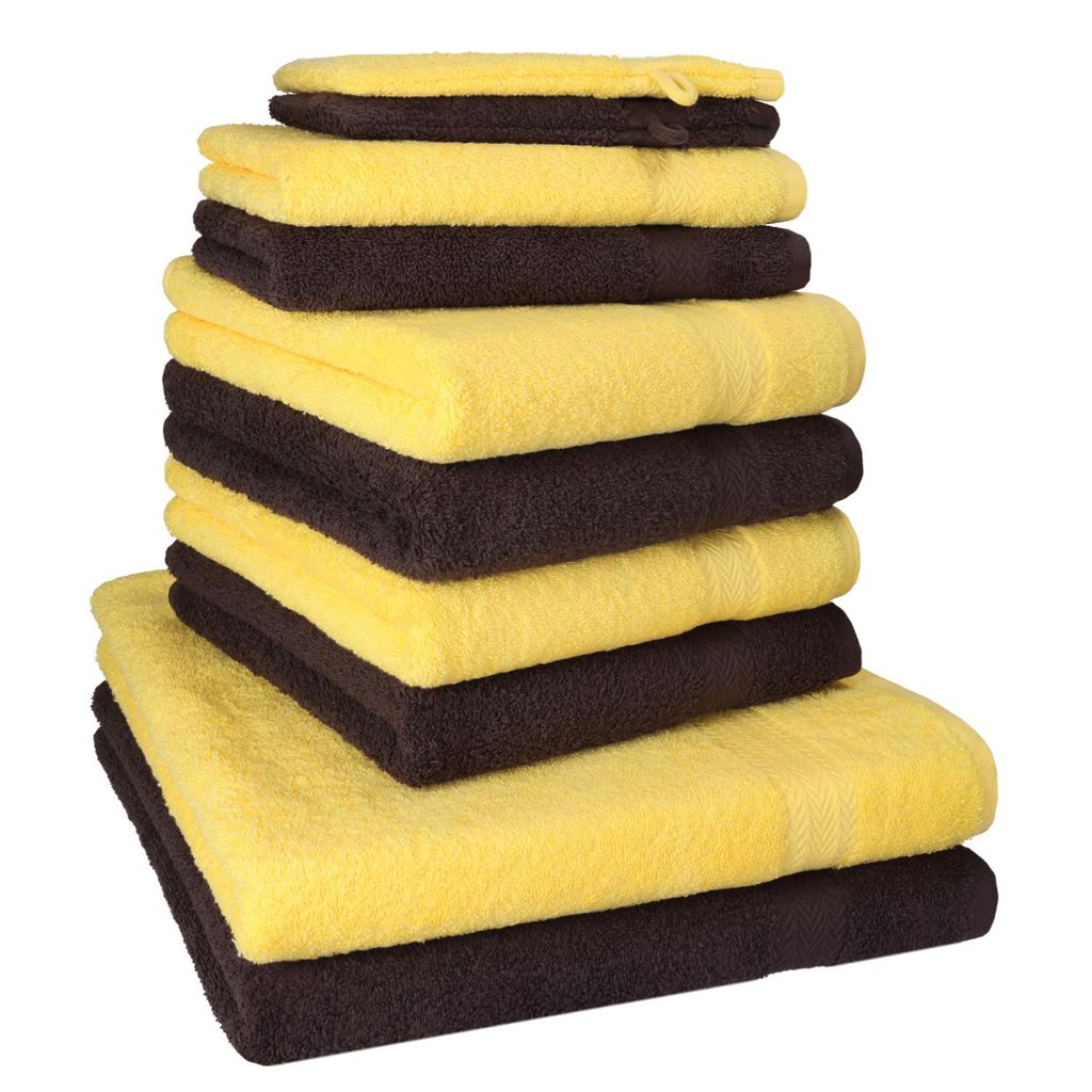 Betz 10-tlg. Handtuch-Set PREMIUM 2 Duschtücher 4 Handtücher 2 Gästetücher 2 Waschhandschuhe Farbe: gelb & dunkel braun