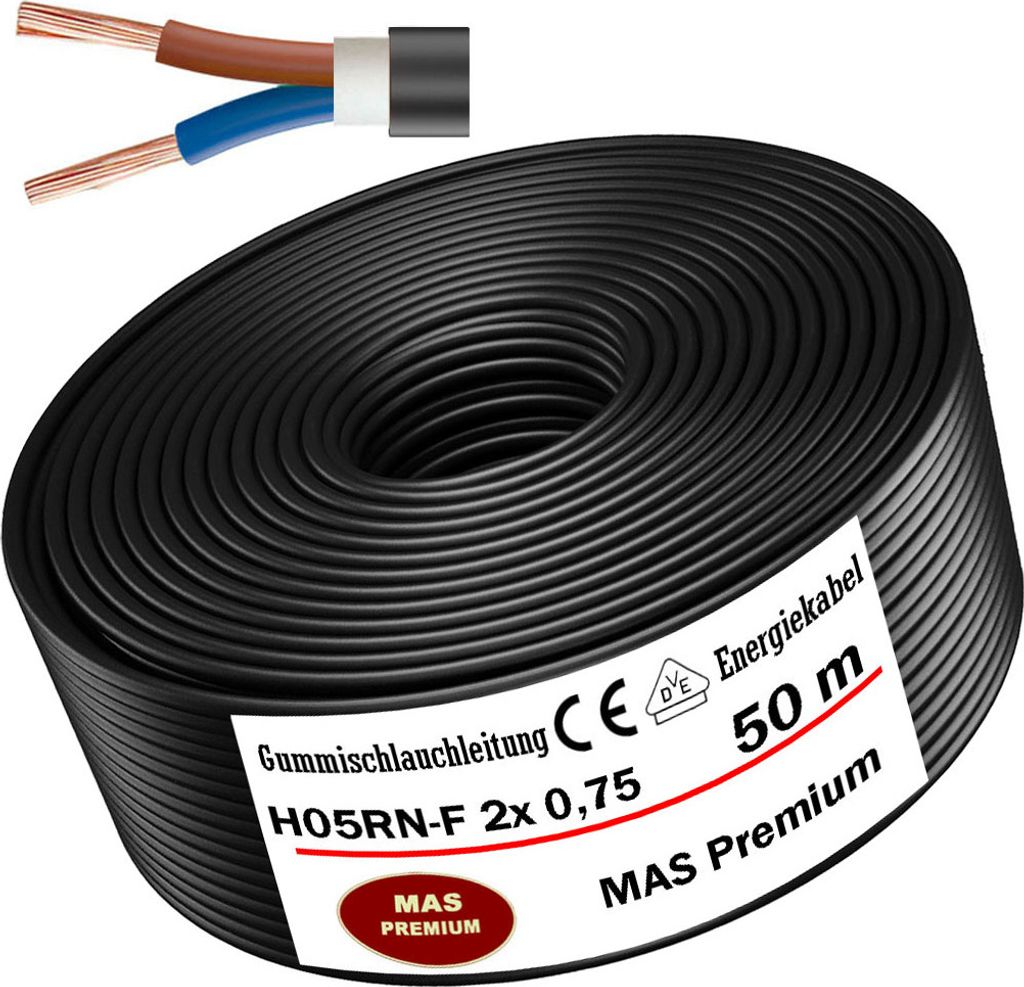 50m Gummischlauchleitung Baustellenkabel H05RN-F 2x0,75 Flexibel für Geräten