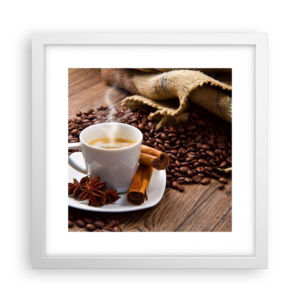 Gerahmtes Poster - Weißer Rahmen - Kaffee schwarz Frühstück Schokolade - 30x30 cm - Wand Bild - Wanddeko - Wandbilder - Wandposter - Bilderrahme...