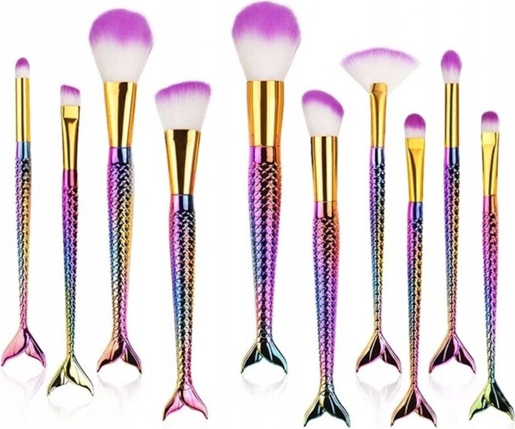 A collection of 10 makeup brushes with mermaid-tail shaped handles and rainbow-colored bristles.