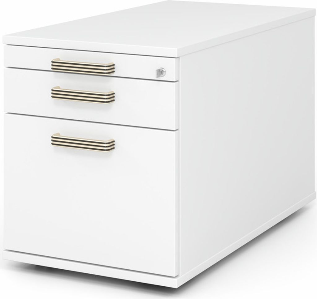 Rollcontainer Arvo | Weiß | HxBxT 51,2x42,8x80cm | Streifengriff | 3 Schübe | Mit Schloss & Zentralverriegelung