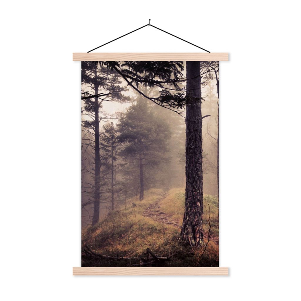 MuchoWow Textilposter Nebel - Herbstdekoration - Natur - Wald 40x60 cm mit holzfarbenen Rahmen - Poster