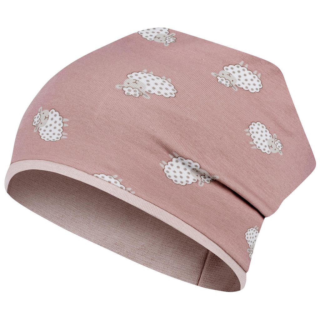 Mädchen Mütze Beanie Übergang Stoff Baumwolle doppellagig, Gr. 50-52, Schaf-Altrosa