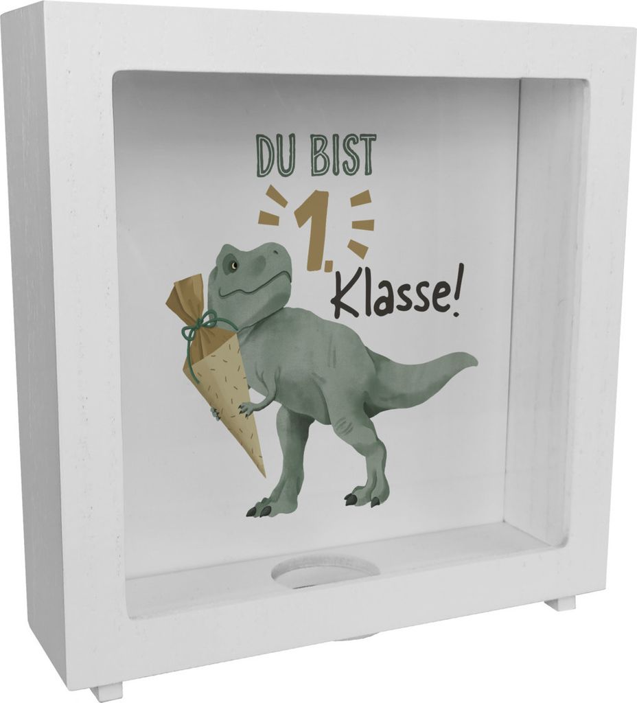 Dino mit Schultüte Rahmen Spardose aus Holz mit Spruch Du bist 1. Klasse!