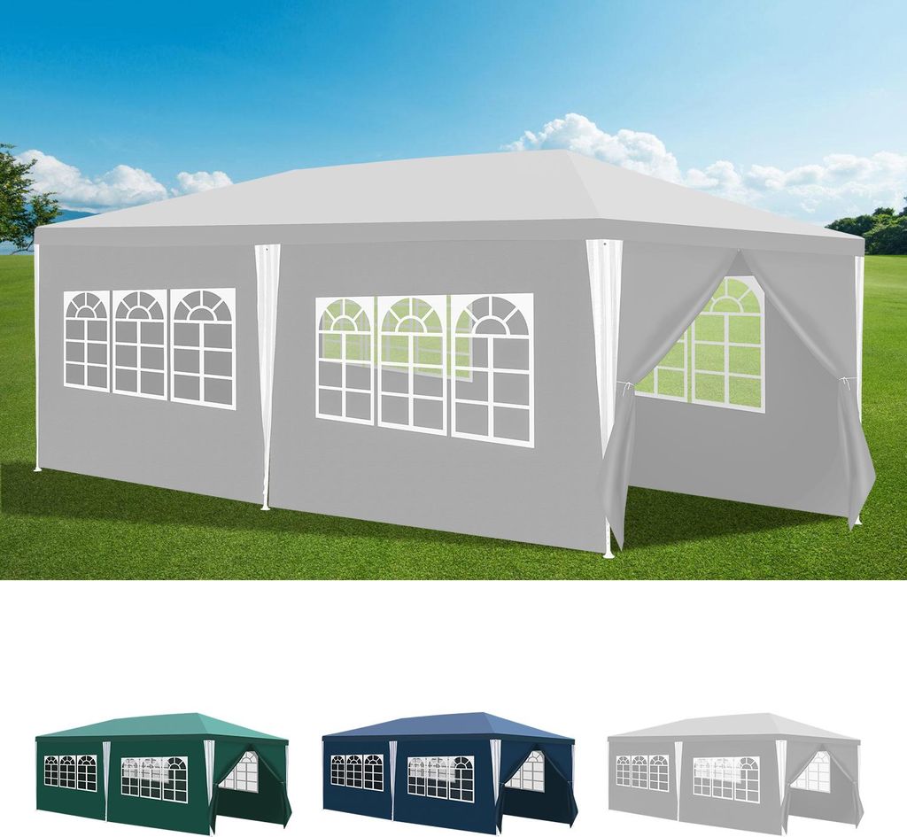 A large gray tent with windows is shown in a grassy field under a blue sky with clouds. Below the tent, three smaller tents in green, blue, and gray are displayed.