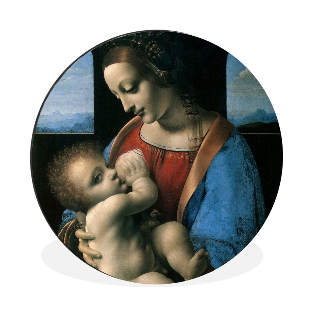 MuchoWow Aluminium Wandkreis Die Jungfrau Maria - Leonardo da Vinci Ø 90 cm Wanddeko Modern Wohnzimmer - Mauerkreis - Wandbilder - Runde Bild - ...