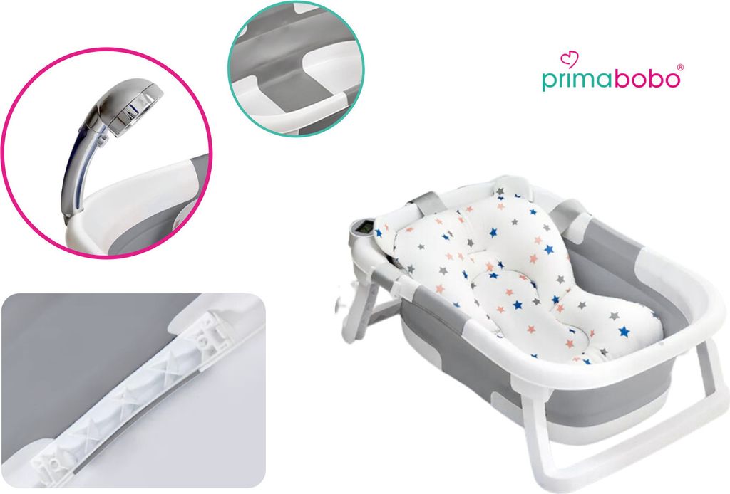 Primabobo Faltbare Babybadewanne mit Badekissen und Produktbild 5