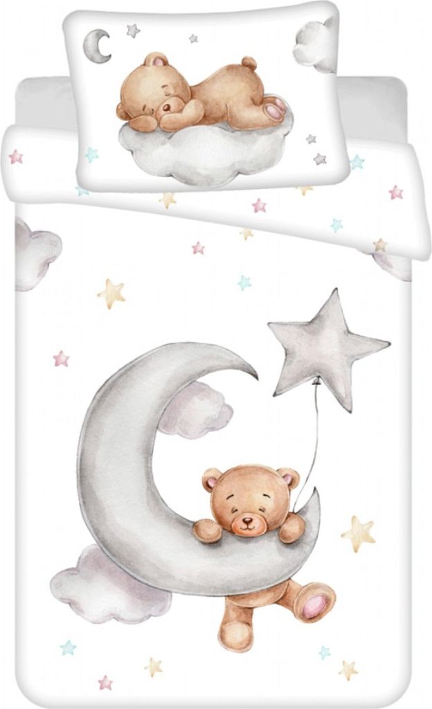 A baby bedding set featuring a teddy bear illustration.