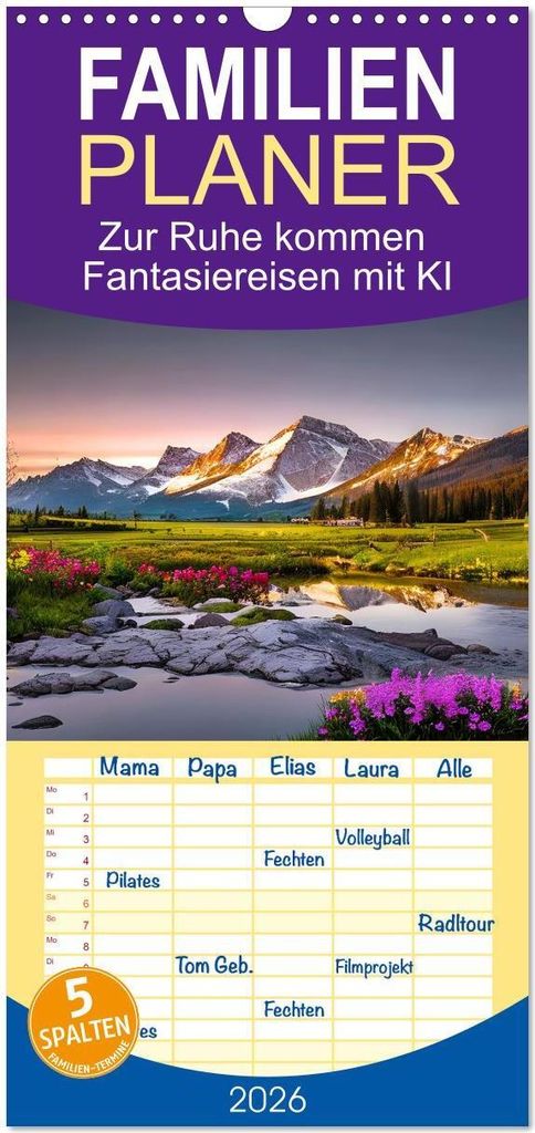 Familienplaner 2026 - Zur Ruhe kommen Fantasiereisen mit KI mit 5 Spalten (Wandkalender, 21 x 45 cm) CALVENDO