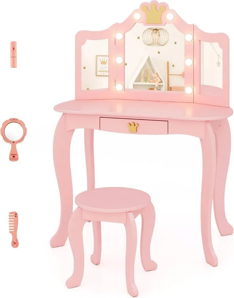 Table de maquillage fille avec miroir triptyque et lumières intégrées - 2