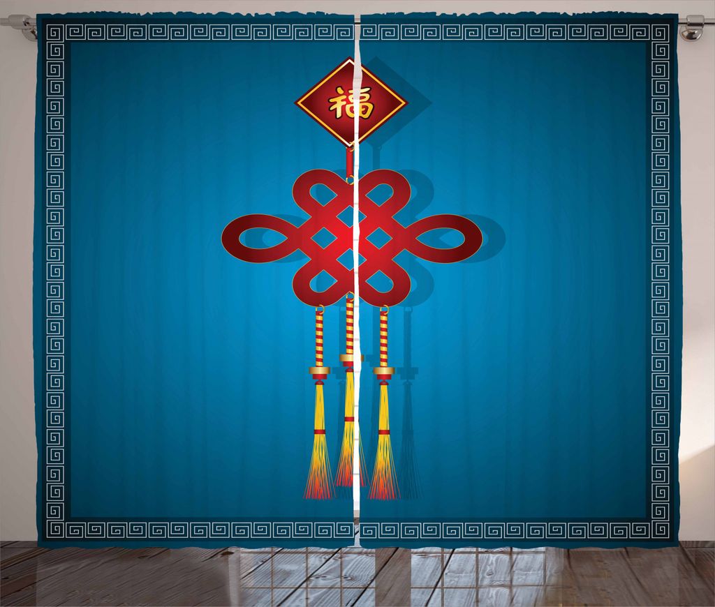 ABAKUHAUS Chinesisches Neujahr Rustikaler Vorhang, Hängende Knoten, Wohnzimmer Universalband Gardinen mit Schlaufen und Haken, 280 x 245 cm, Blau ...