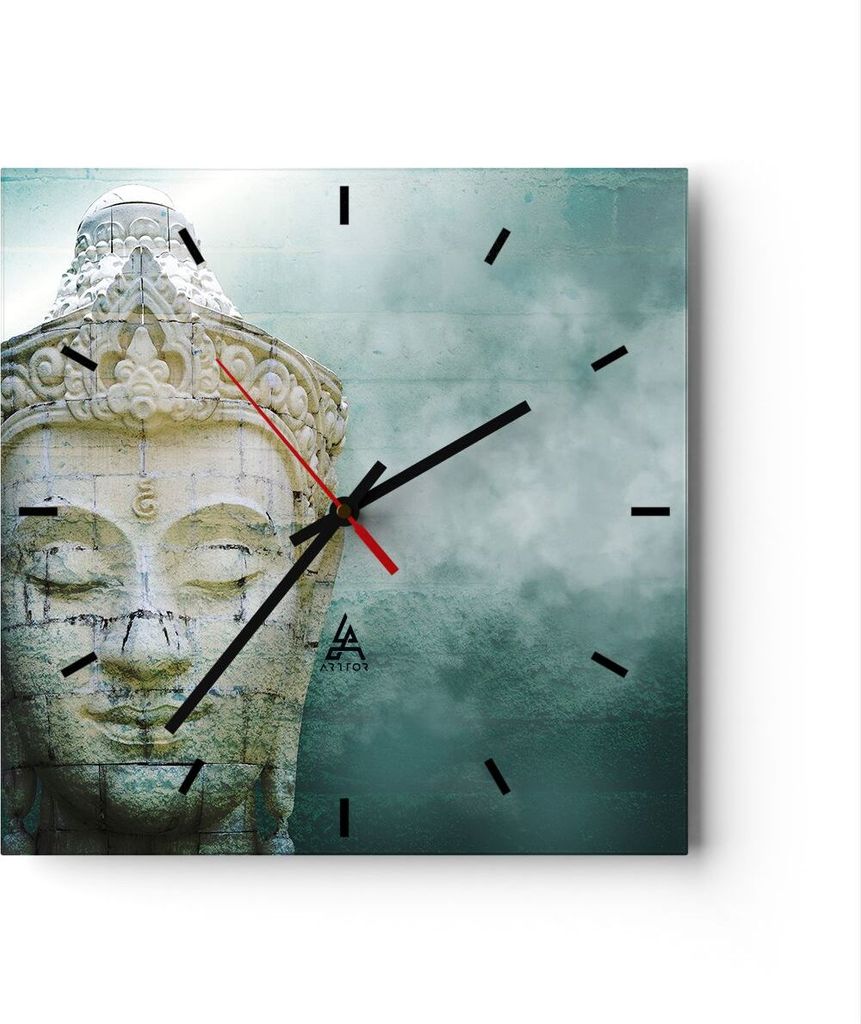 Wanduhr - Quadrat - Glasuhr - Buddha Grafik Türkis - 40x40cm - Schleichendes Uhrwerk - Lautlos - zum Aufhängen bereit - Dekoration Modern - Wandd...