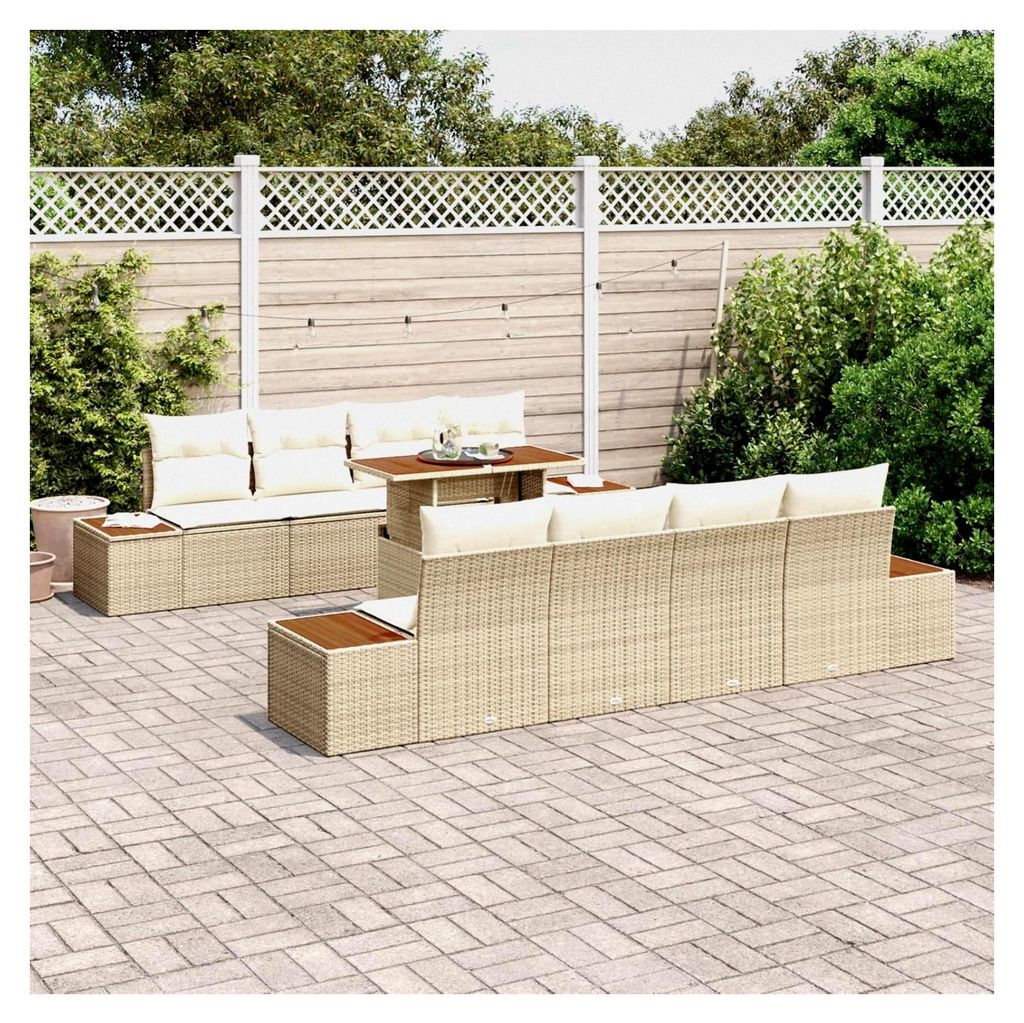 9-teiliges Garten Sofa Set mit Kissen Beige Poly Rattan Lounge Sofa Outdoor