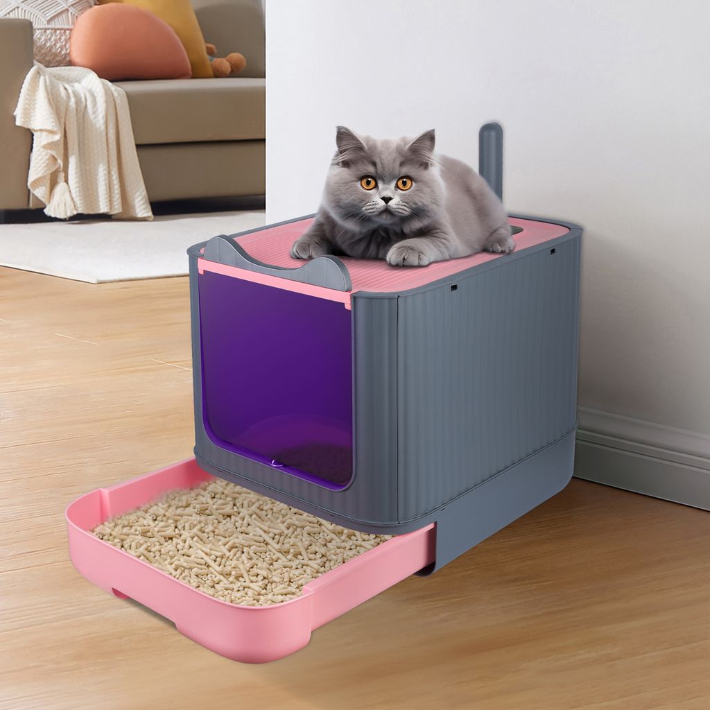 Katzentoilette mit UV-Licht,große Katzenklo Geschlossen,Katzentoilette mit Schublade & Schaufel,2 Öffnungen,Geruchskontrolle 44.5x36.5x34.5cm
