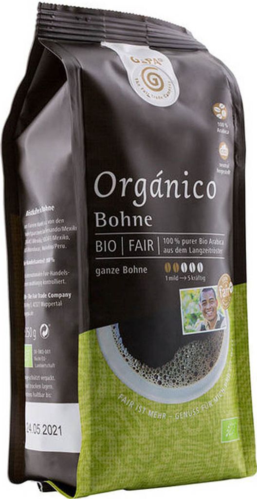 A bag of Gepa Cafe Organico coffee beans.