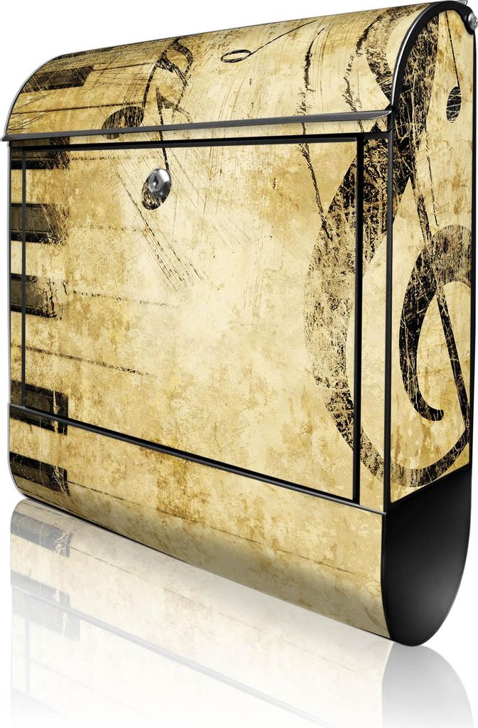 banjado Design Briefkasten Stahl schwarz mit Zeitungsfach pulverbeschichtet "Music" 38x46x12,5cm & 2 Schlüssel - Postkasten A4 Einwurf inkl. Monta...